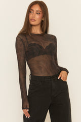 Brown Abstract Print Mesh Bodysuit - Kerris