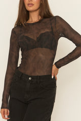 Brown Abstract Print Mesh Bodysuit - Kerris