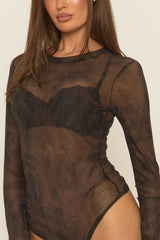 Brown Abstract Print Mesh Bodysuit - Kerris