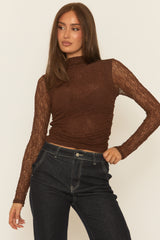 Brown Textured High Neck Ruched Top - Teanna