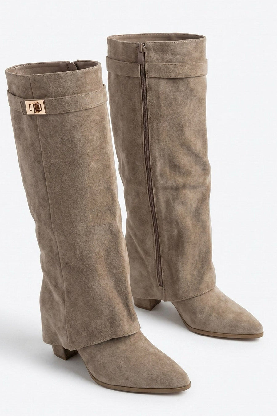 Taupe Faux Suede Trim Detail Layered Knee High Boots - Rita