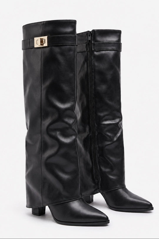 Black PU Trim Detail Layered Knee High Boots - Izzy