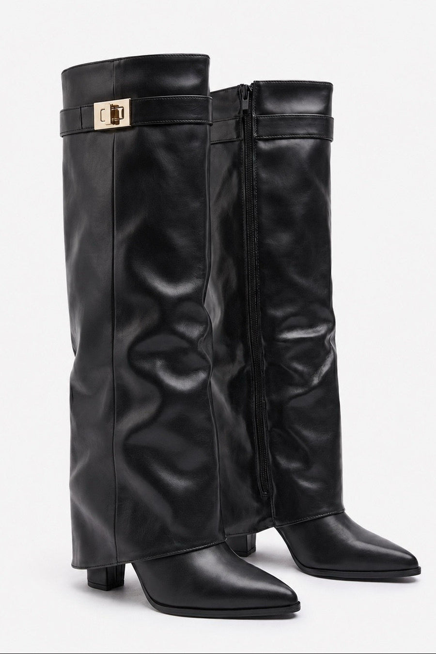 Black PU Trim Detail Layered Knee High Boots - Izzy