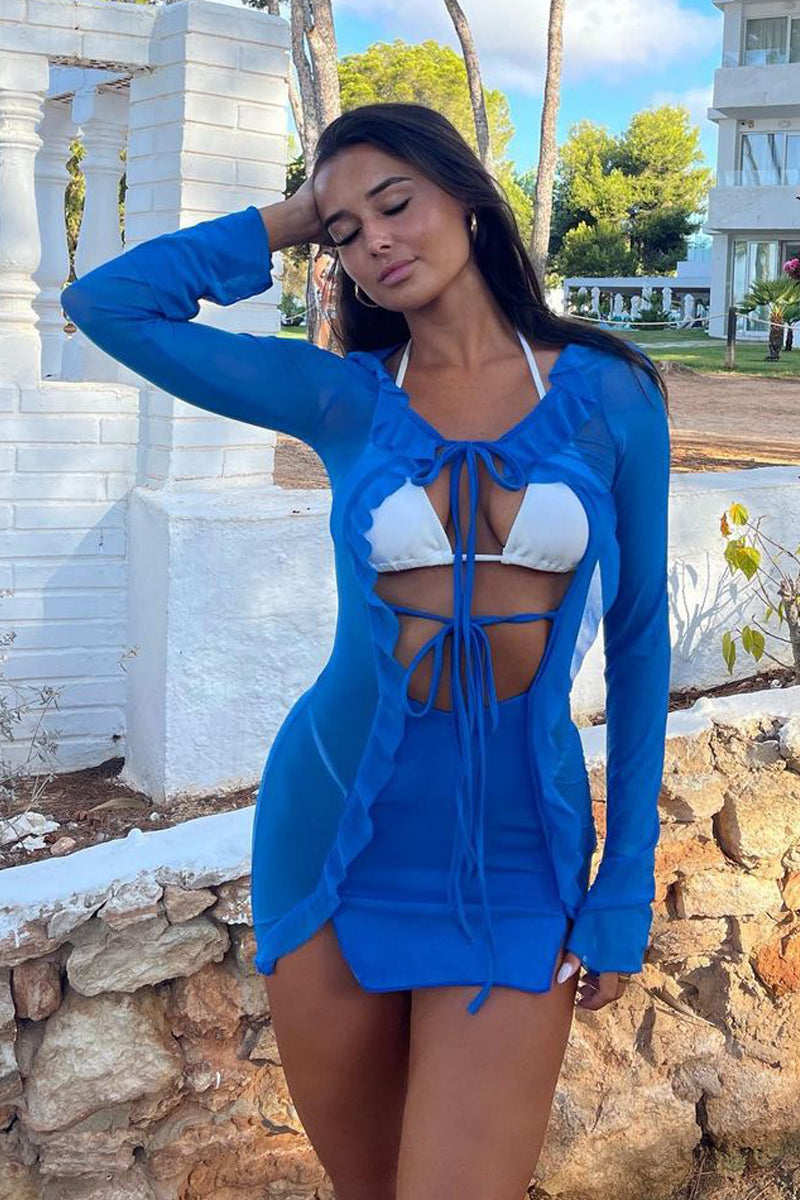 Blue Frill Detail Tie Front Mini Dress - Itzel
