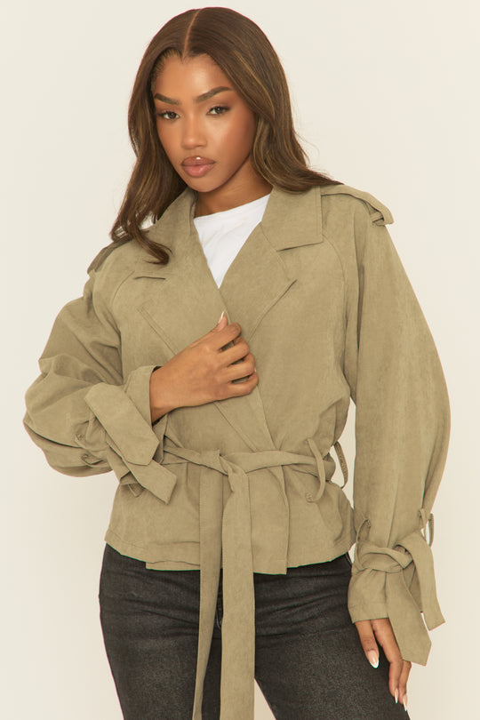 Khaki Tie Front Trench Coat - Tanzyn