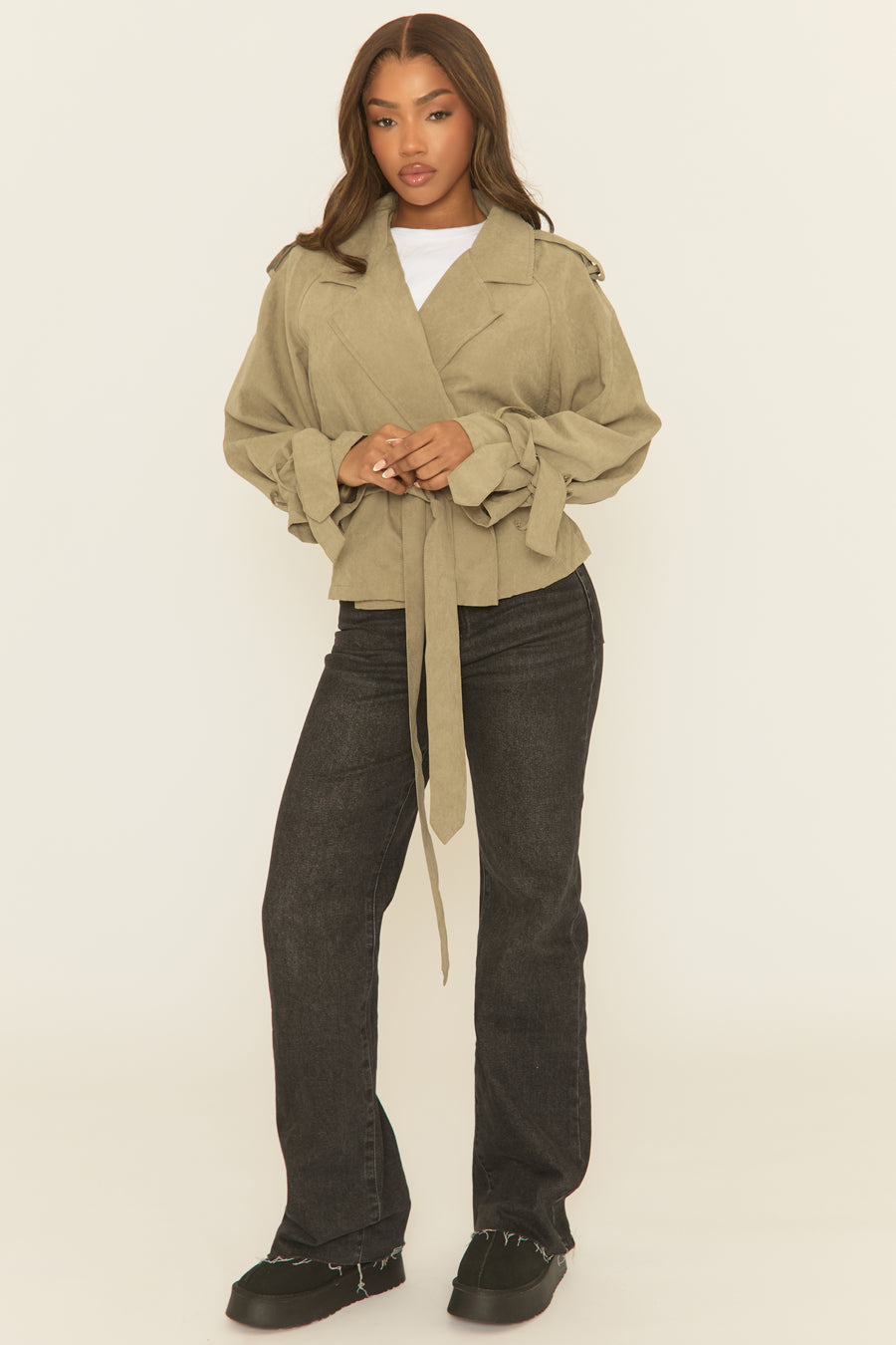 Khaki Tie Front Trench Coat - Tanzyn