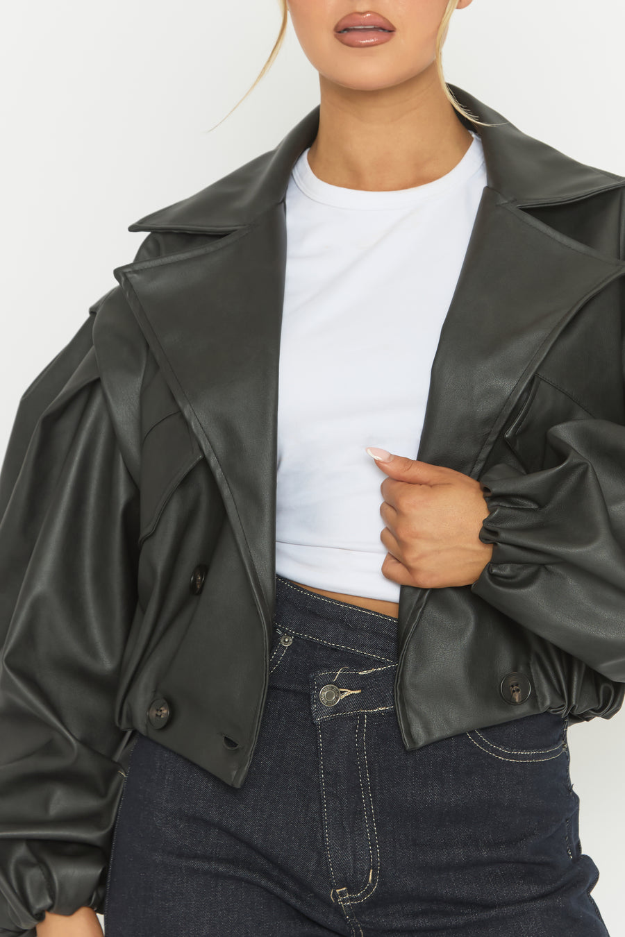 Black Faux Leather Double Breasted Cropped Trench Coat - Kylea