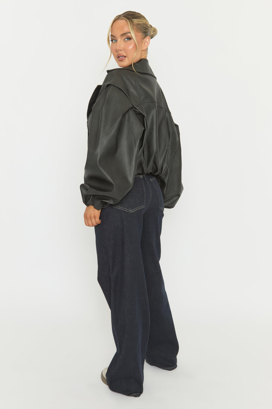 Black Faux Leather Double Breasted Cropped Trench Coat - Kylea