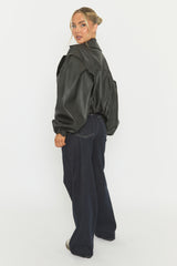 Black Faux Leather Double Breasted Cropped Trench Coat - Kylea