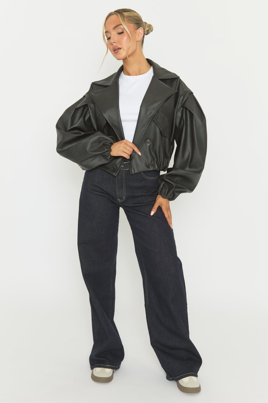 Black Faux Leather Double Breasted Cropped Trench Coat - Kylea