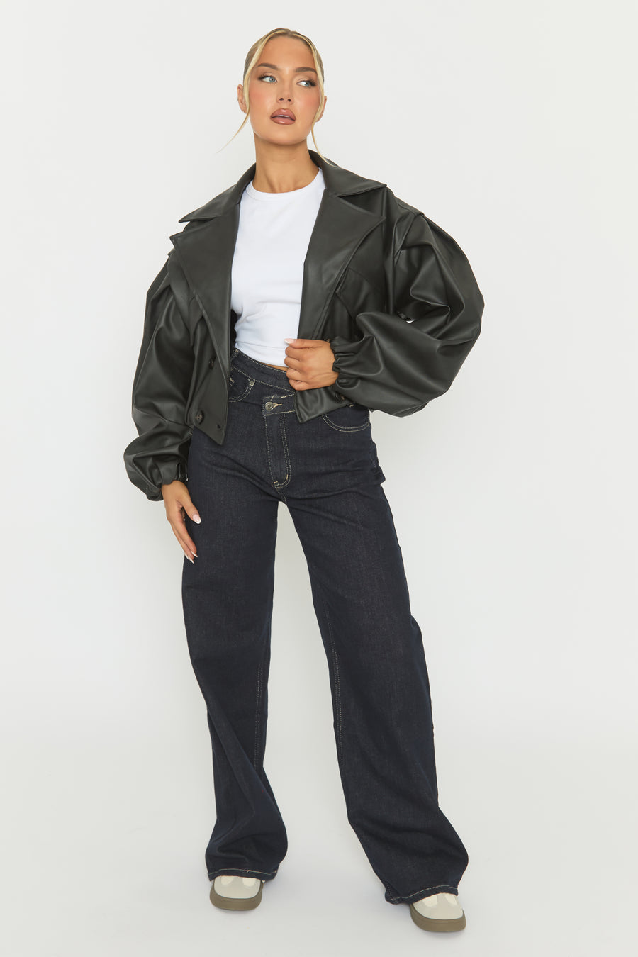 Black Faux Leather Double Breasted Cropped Trench Coat - Kylea