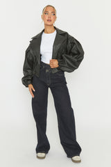 Black Faux Leather Double Breasted Cropped Trench Coat - Kylea