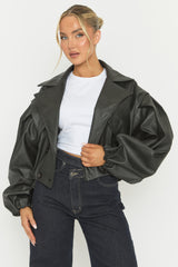 Black Faux Leather Double Breasted Cropped Trench Coat - Kylea