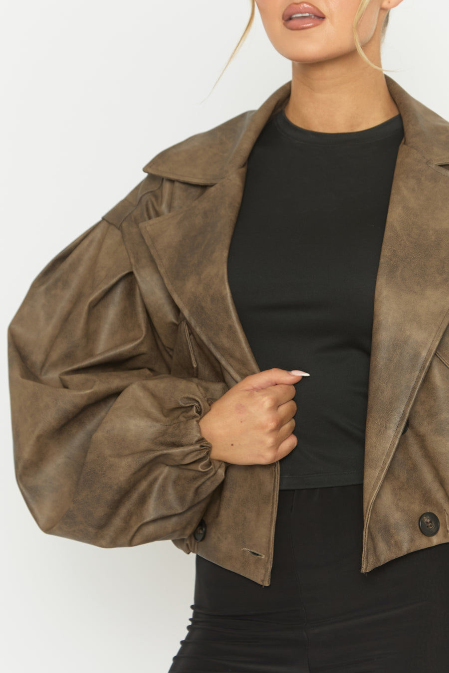 Brown Vintage Faux Leather Double Breasted Cropped Trench Coat - Kylea