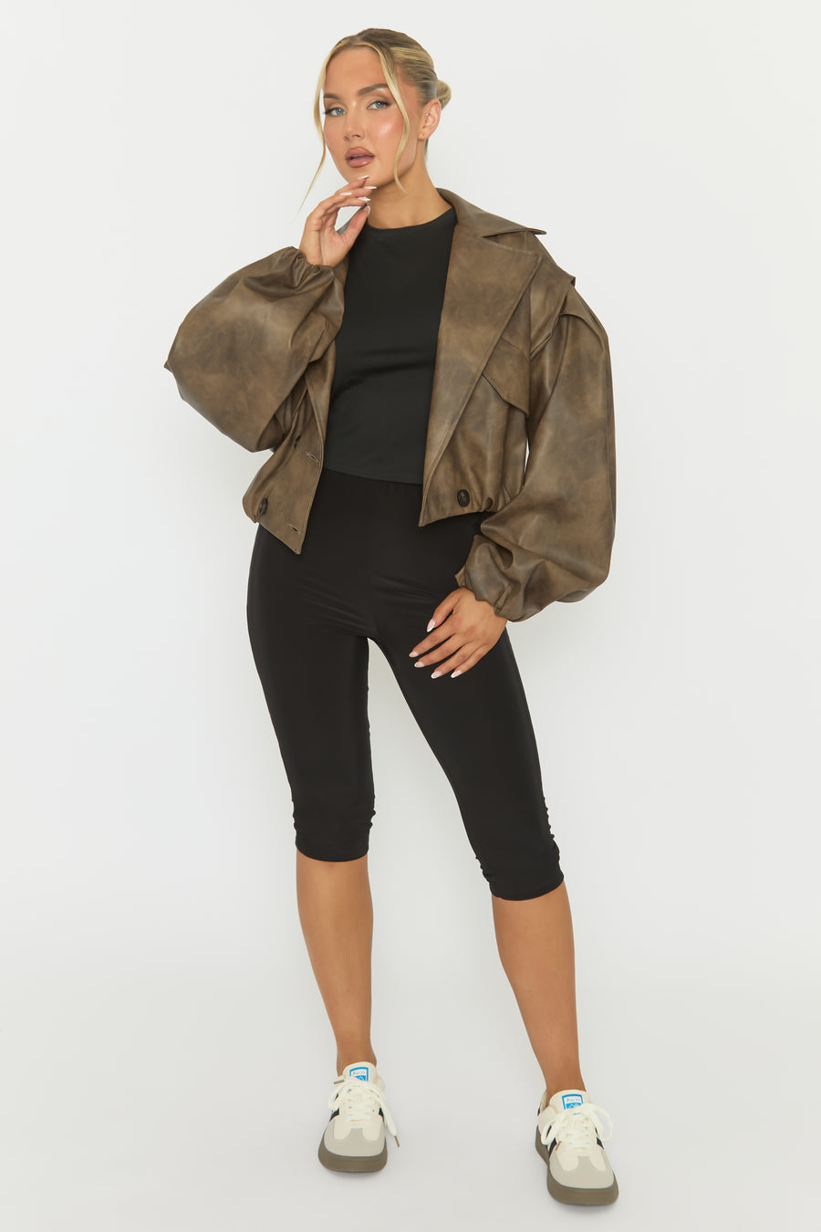 Brown Vintage Faux Leather Double Breasted Cropped Trench Coat - Kylea