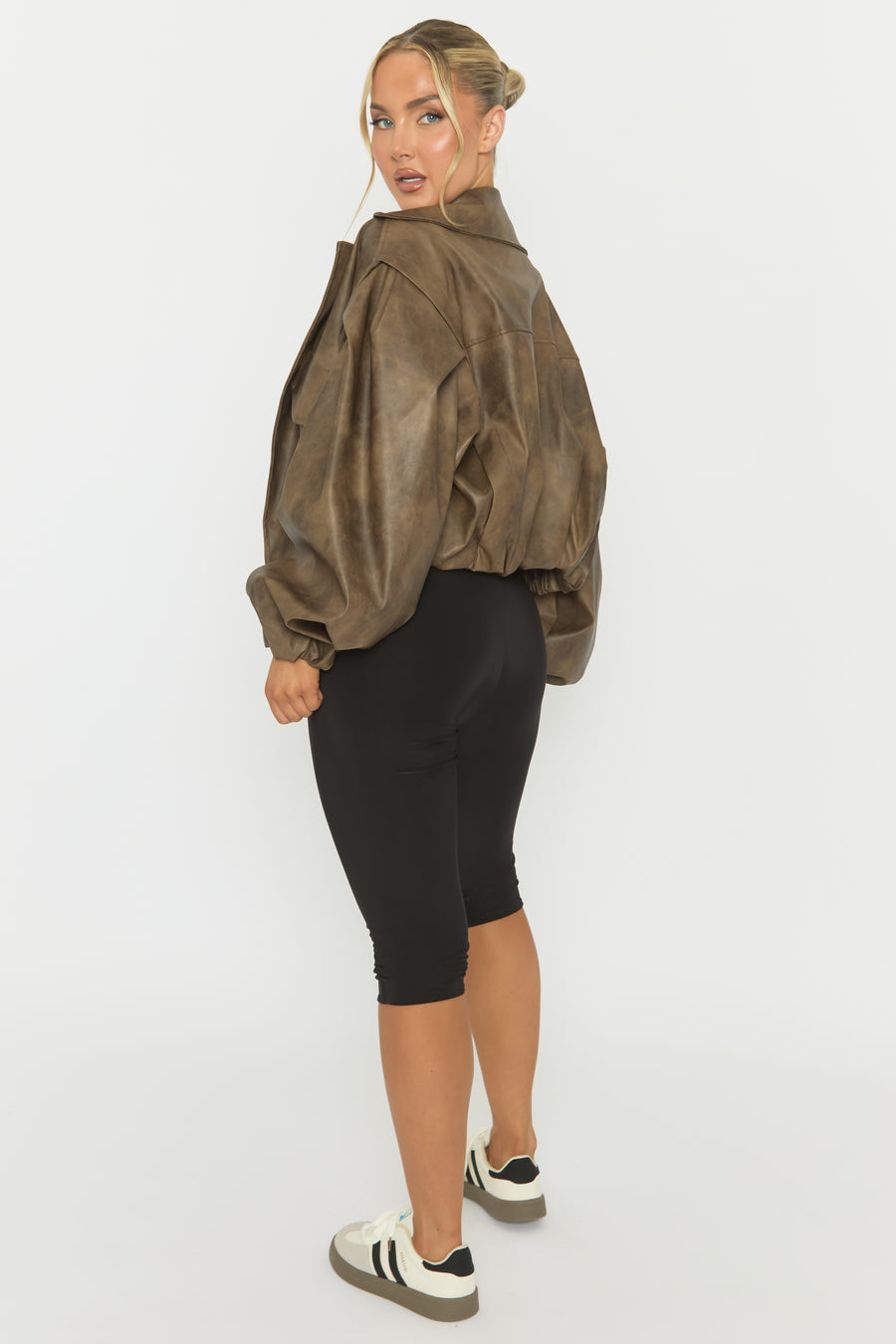 Brown Vintage Faux Leather Double Breasted Cropped Trench Coat - Kylea