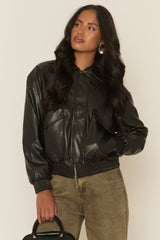 Black Faux Leather Collared Zip Front Bomber Jacket - Tamsyn