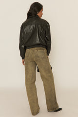 Black Faux Leather Collared Zip Front Bomber Jacket - Tamsyn