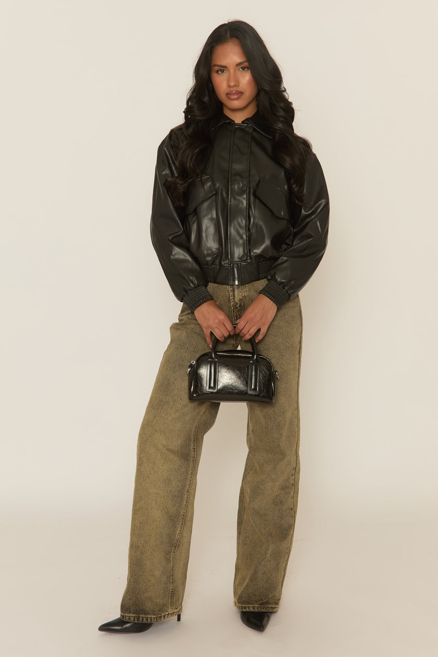 Black Faux Leather Collared Zip Front Bomber Jacket - Tamsyn