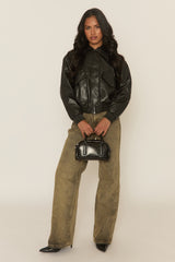 Black Faux Leather Collared Zip Front Bomber Jacket - Tamsyn