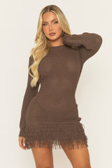 Chocolate Knitted Fringed Hem Mini Dress - Landon