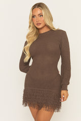 Chocolate Knitted Fringed Hem Mini Dress - Landon