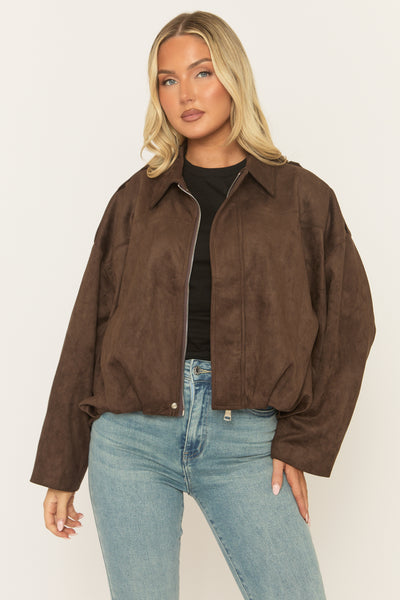 Chocolate Brown Suede Bomber Jacket - Imane