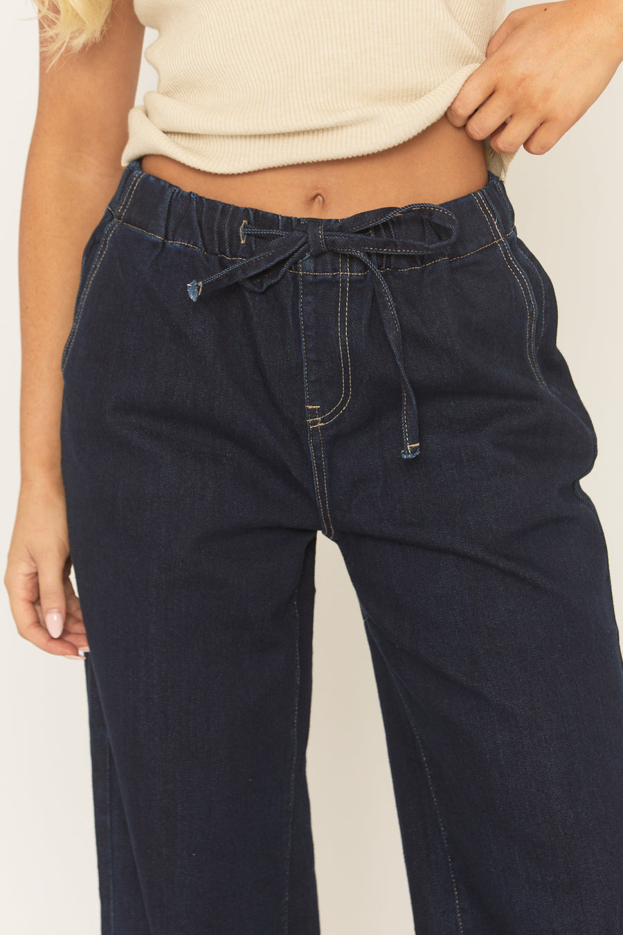 Indigo Elasticated Drawstring Waist Wide Leg Denim Jeans - Lexxi