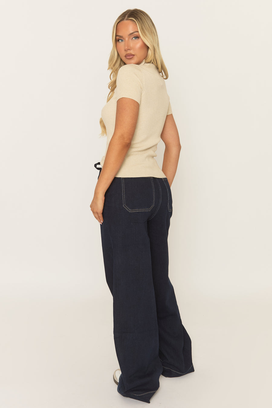 Indigo Elasticated Drawstring Waist Wide Leg Denim Jeans - Lexxi