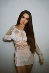 White Mesh Cut Out Detail Mini Dress - Kaori