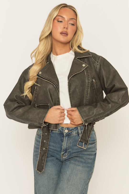 Black Vintage Washed PU Cropped Biker Jacket - Josia