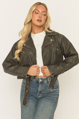 Black Vintage Washed PU Cropped Biker Jacket - Josia