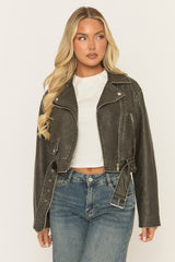 Black Vintage Washed PU Cropped Biker Jacket - Josia