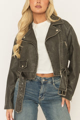 Black Vintage Washed PU Cropped Biker Jacket - Josia