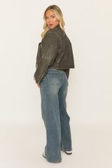 Black Vintage Washed PU Cropped Biker Jacket - Josia