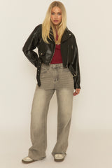 Black PU Cropped Biker Jacket - Josia