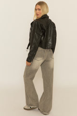 Black PU Cropped Biker Jacket - Josia