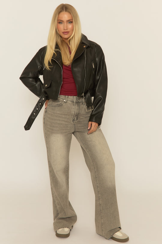 Black PU Cropped Biker Jacket - Josia