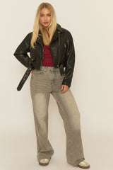 Black PU Cropped Biker Jacket - Josia