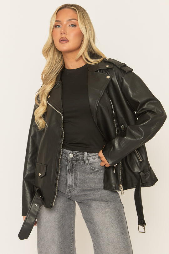 Black Oversized PU Biker Jacket - Marlowe