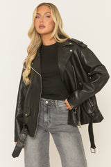 Black Oversized PU Biker Jacket - Marlowe