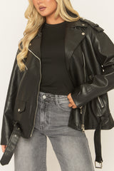 Black Oversized PU Biker Jacket - Marlowe
