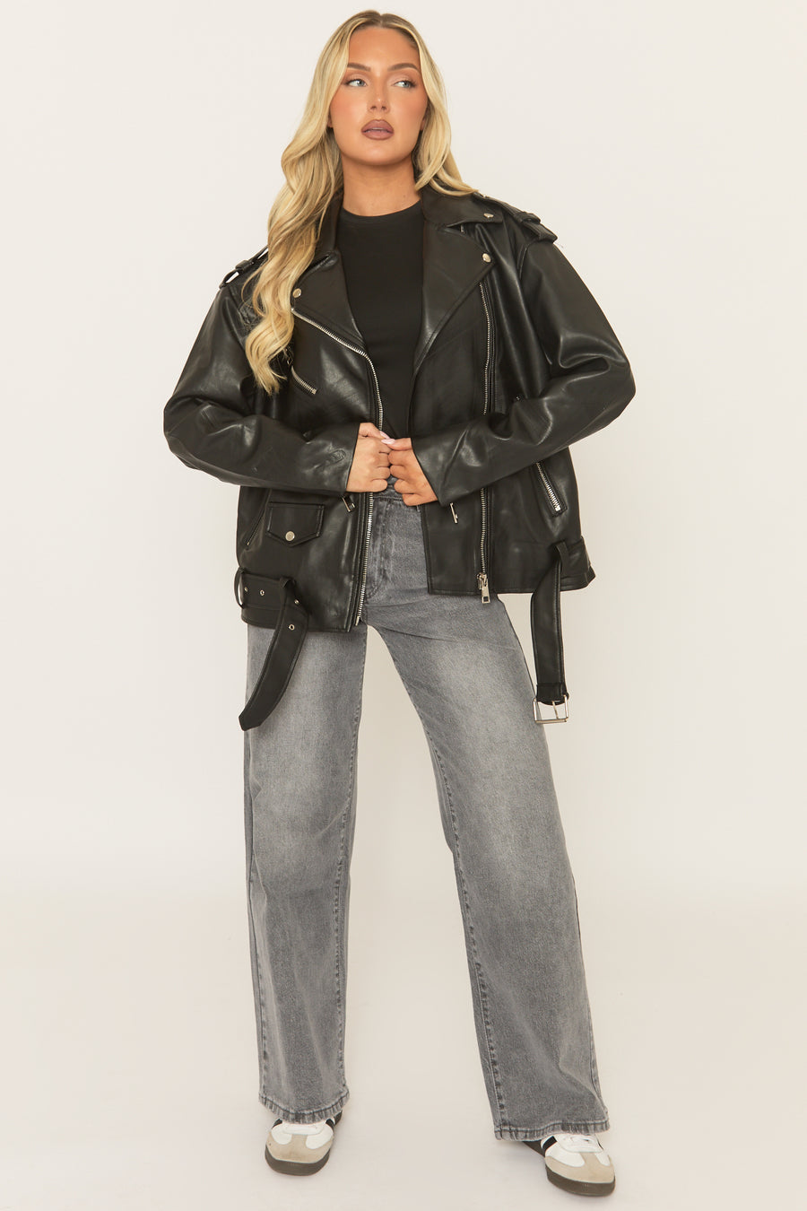 Black Oversized PU Biker Jacket - Marlowe