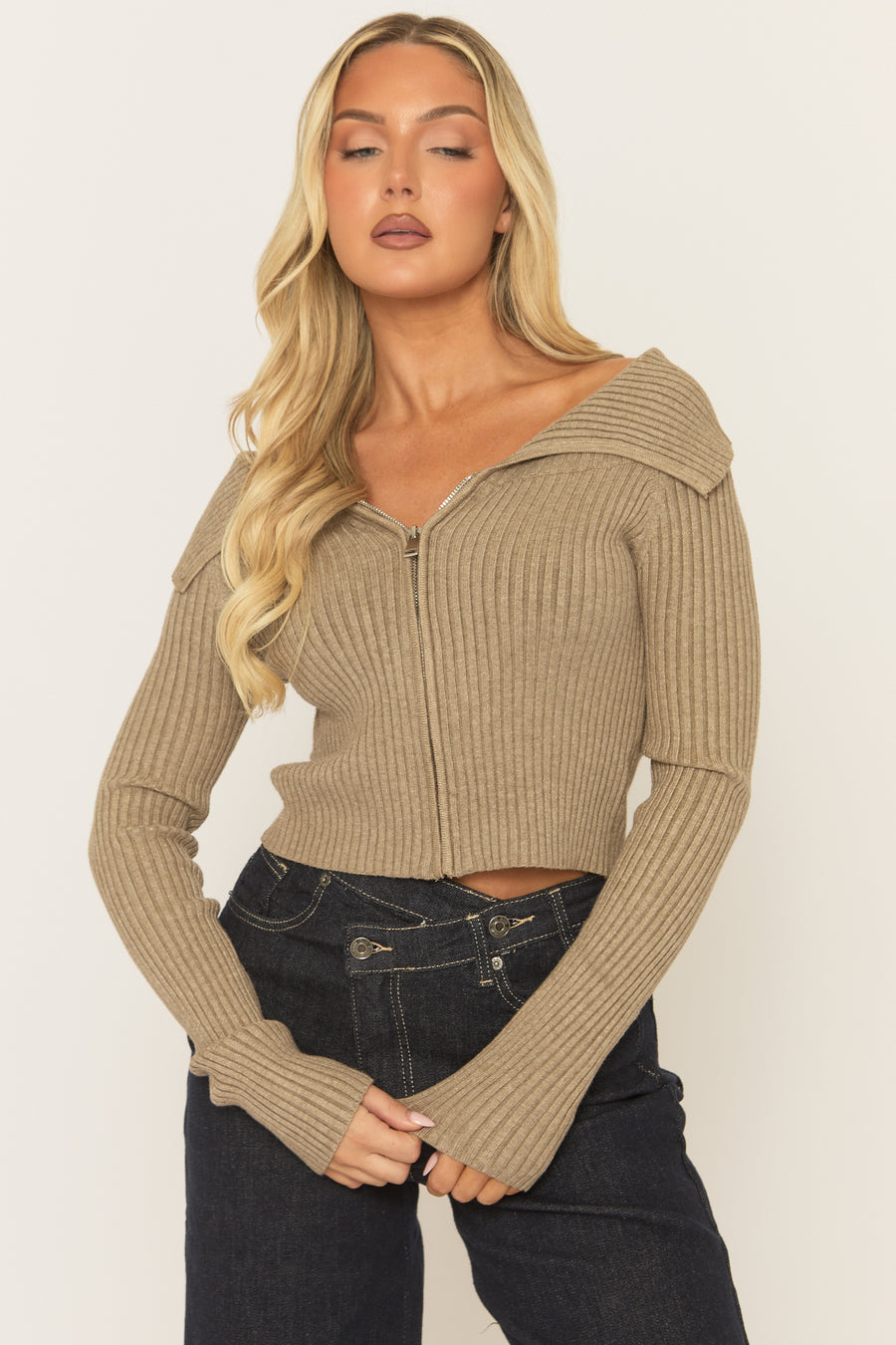 Taupe Rib Knit Collared Zip Through Cardigan - Saffia