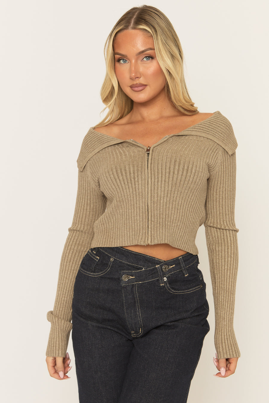 Taupe Rib Knit Collared Zip Through Cardigan - Saffia