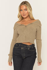 Taupe Rib Knit Collared Zip Through Cardigan - Saffia