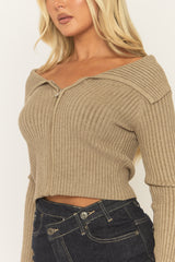 Taupe Rib Knit Collared Zip Through Cardigan - Saffia