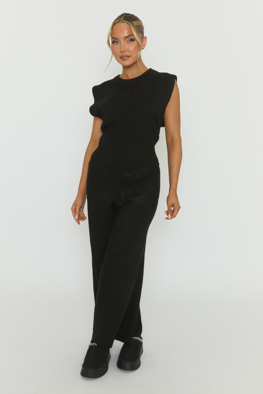 Black Knitted Vest and Trouser Loungewear Co-ord Set - Aziel