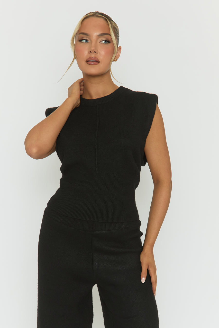 Black Knitted Vest and Trouser Loungewear Co-ord Set - Aziel