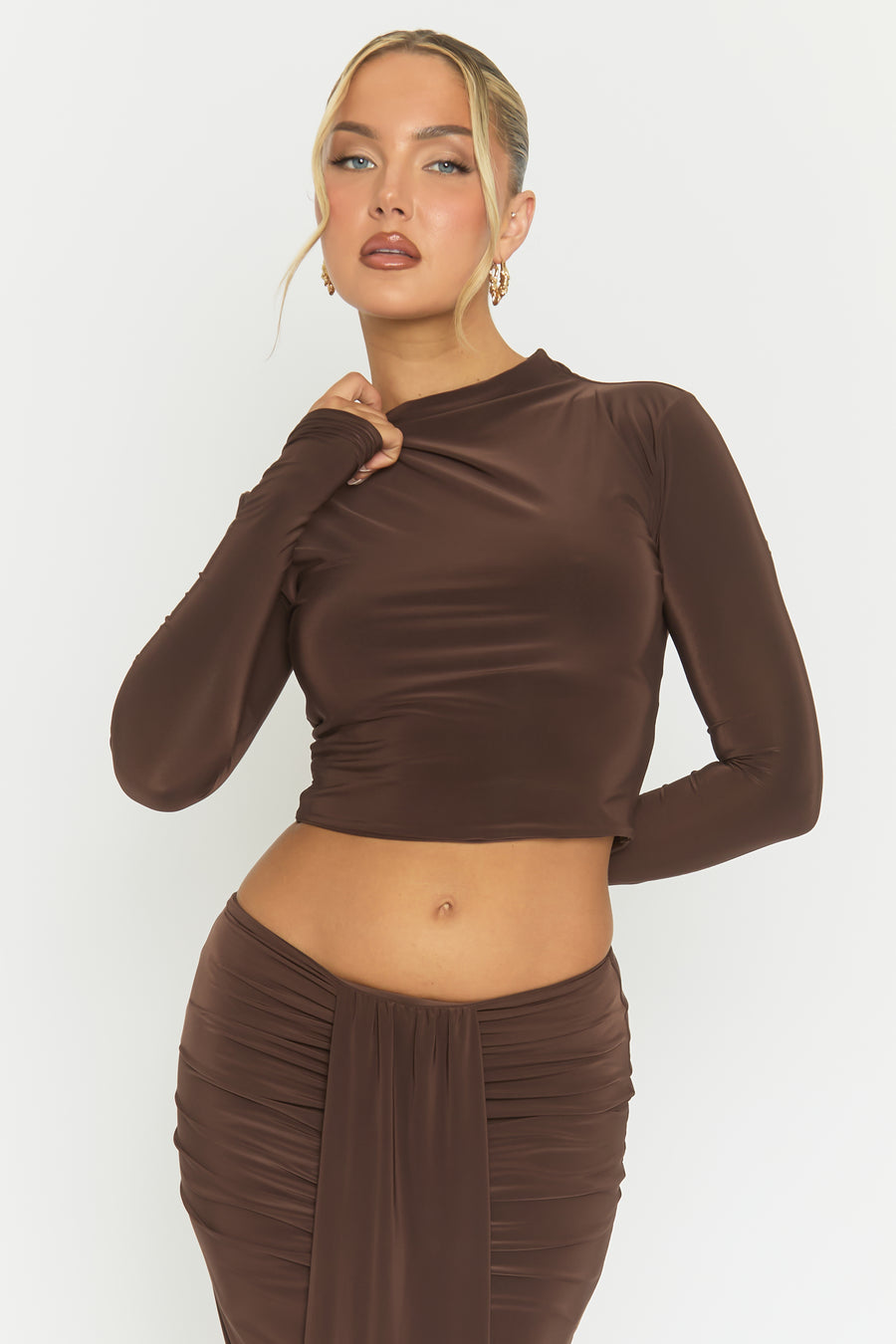 Chocolate Long Sleeve Top and Drape Maxi Skirt Co-ord Set - Yanna